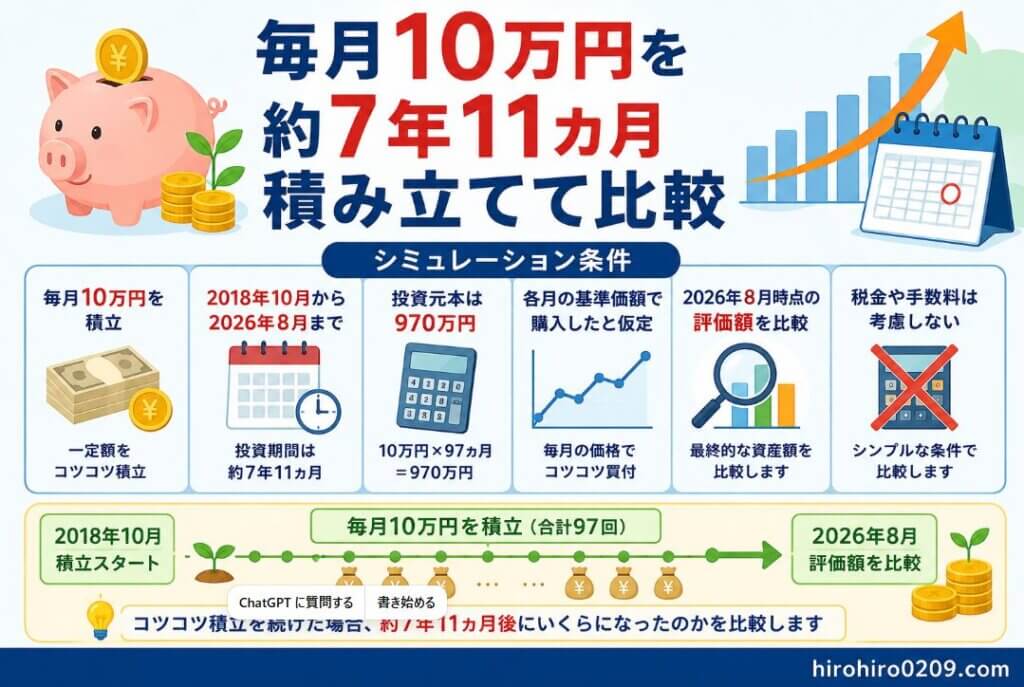 毎月10万円を2018年10月から2026年8月まで約7年11カ月積み立て、投資元本970万円・各月の基準価額・2026年8月時点の評価額で比較するシミュレーション条件を示した図解イラスト