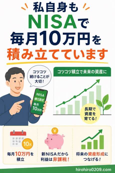NISAで毎月10万円を積み立てる筆者の投資体験を紹介し、コツコツ積み立てを続けながら長期的な資産形成を目指す様子を示した図解イラスト