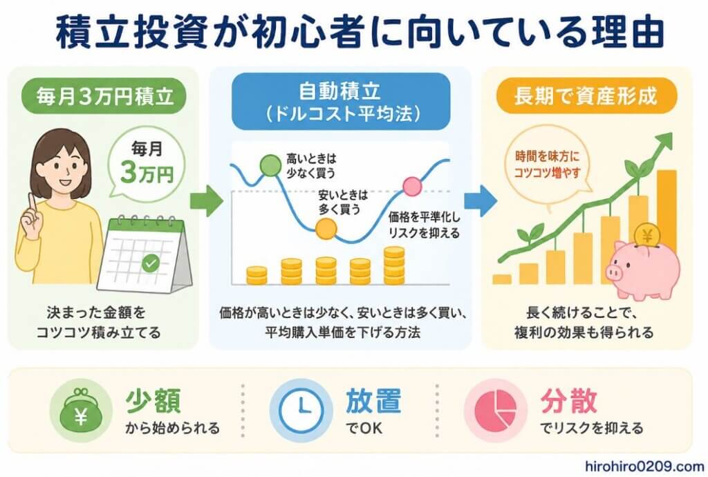 積立投資が初心者に向いている理由を図解で解説したイラスト。毎月3万円の積立、自動積立(ドルコスト平均法)、長期での資産形成を3つの流れで示し、少額・放置・分散のメリットをわかりやすく説明した初心者向け図解。