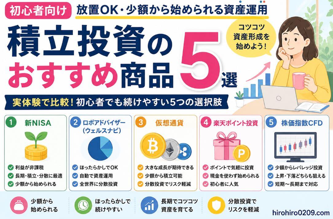 積立投資初心者向けに、放置OK・少額から始められるおすすめ投資商品5選を比較したアイキャッチ画像。新NISA、ロボアドバイザー（ウェルスナビ）、仮想通貨、楽天ポイント投資、株価指数CFDを実体験ベースで紹介し、長期・積立・分散投資による資産運用をイメージしたデザイン。