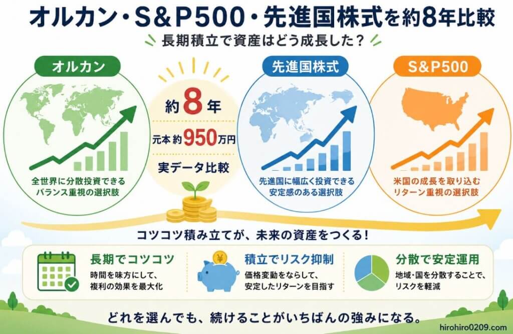 オルカン、S&P500、先進国株式の3銘柄を約8年間、元本約950万円で積み立てた実データを比較し、長期積立による資産形成を上向き矢印で表した図解