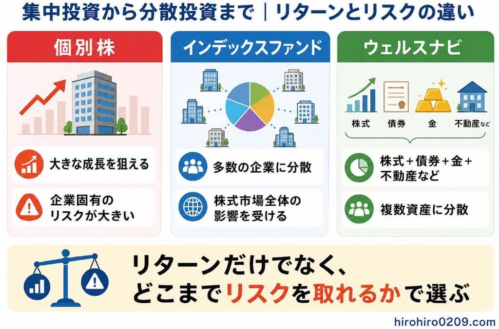 個別株、インデックスファンド、ウェルスナビの投資方法を比較した図解。個別株は大きな成長を狙える一方で企業固有のリスクが大きく、インデックスファンドは多数の企業に分散しながら株式市場全体の影響を受け、ウェルスナビは株式・債券・金・不動産など複数資産に分散する特徴を示している。リターンだけでなく、どこまでリスクを取れるかで投資先を選ぶ考え方を表現している