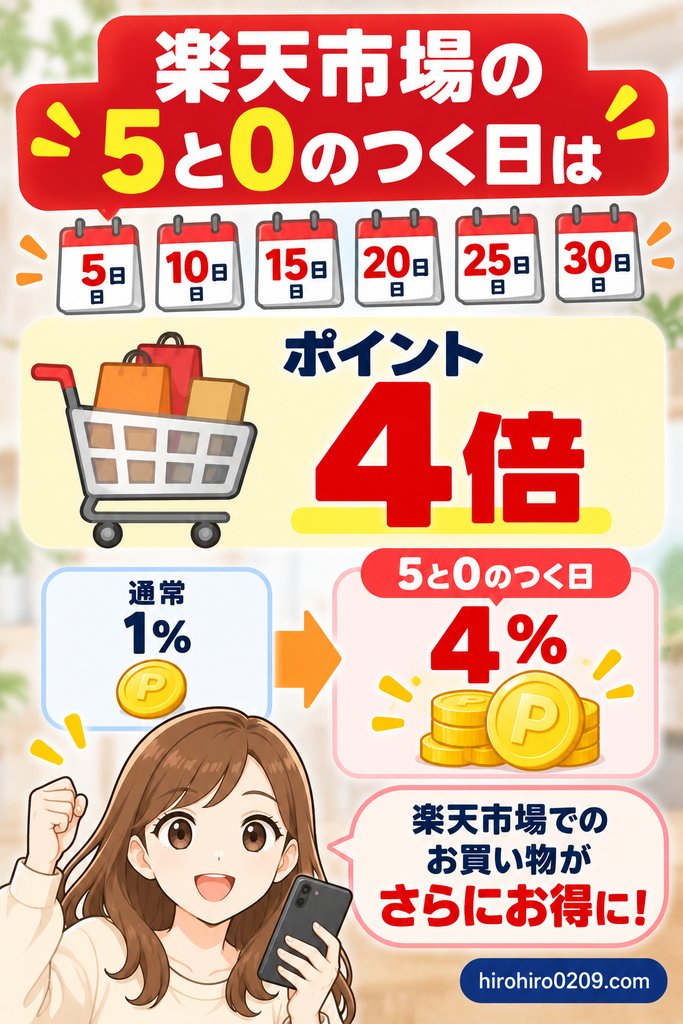 楽天市場の5と0のつく日は毎月5・10・15・20・25・30日が対象でポイント4倍になることを解説する図解