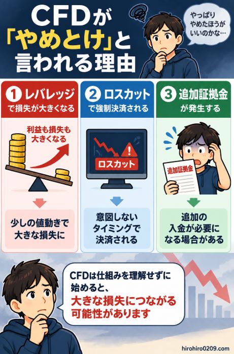 CFDが「やめとけ」と言われる理由として、レバレッジによる損失拡大、ロスカットによる強制決済、追加証拠金の発生という3つのリスクをまとめた図解