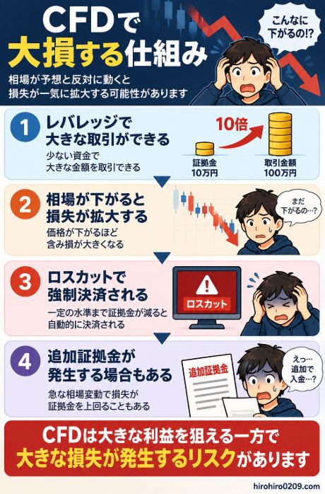 CFDで大損する仕組みとして、レバレッジで大きな取引を行い、相場下落で損失が拡大し、ロスカットや追加証拠金につながる可能性を4段階で解説した図解
