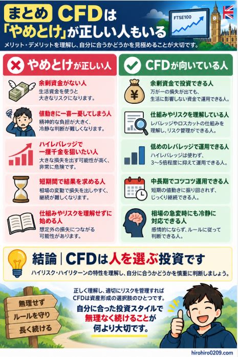 CFDをやめたほうがいい人と向いている人の特徴を比較し、余剰資金での運用、レバレッジやロスカットの理解、リスク管理を行い、自分に合った投資方法か慎重に判断することが重要だとまとめた図解