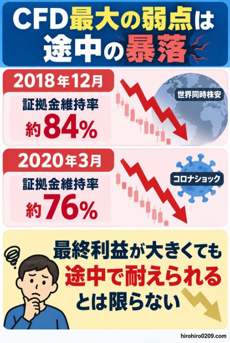 CFD積立では2018年12月に証拠金維持率が約84％、2020年3月のコロナショックで約76％まで低下し、最終利益が大きくても途中の暴落に耐えられない可能性があることを示す図解