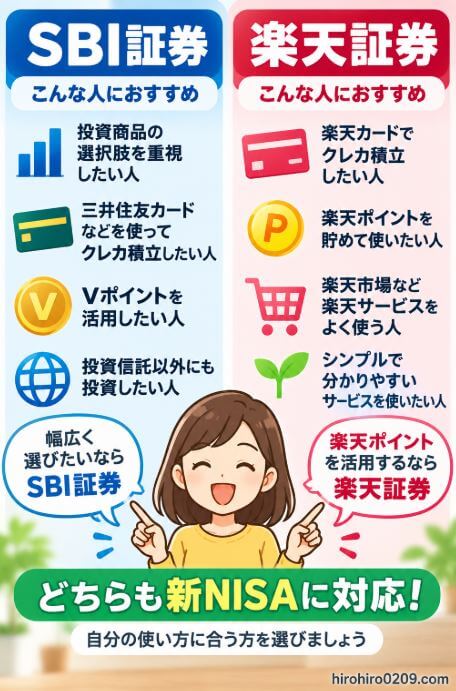 SBI証券と楽天証券を比較し、SBI証券は投資商品の選択肢やVポイント活用、楽天証券は楽天カードや楽天ポイント活用に向いていることを、新NISA対応とあわせてまとめた図解