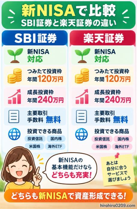 SBI証券と楽天証券の新NISAを比較し、つみたて投資枠は年間120万円、成長投資枠は年間240万円、主要取引手数料は無料で、投資信託・国内株・米国株・海外ETFに投資できることをまとめた図解