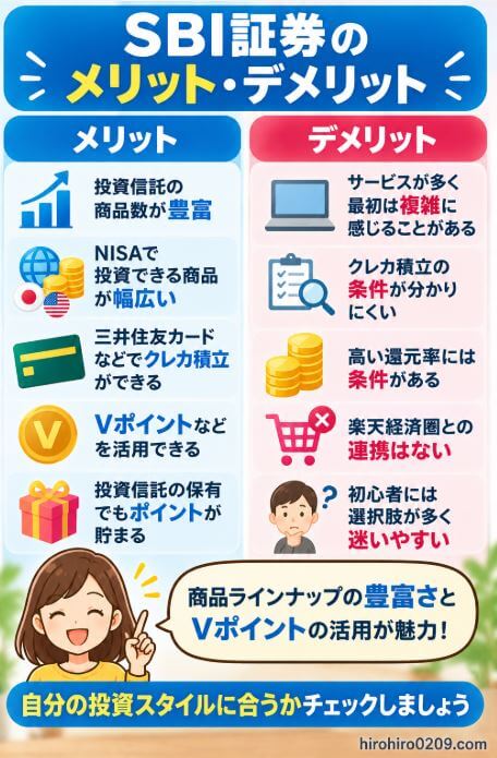 SBI証券のメリット・デメリットとして、投資信託やNISA商品の豊富さ、クレカ積立やVポイント活用のメリットと、サービスの複雑さや高いポイント還元には条件があることなどをまとめた図解