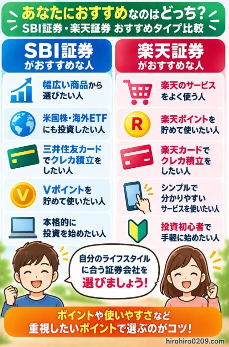 SBI証券と楽天証券がおすすめな人を比較し、SBI証券は豊富な商品や米国株、三井住友カード、Vポイントを活用したい人、楽天証券は楽天サービスや楽天ポイント、楽天カードを活用したい人に向いていることをまとめた図解