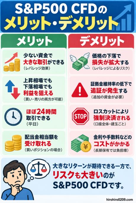 S&P500 CFDのメリットとデメリットを比較。少ない資金で大きな取引ができる一方、価格下落による損失拡大や追証、ロスカットなどのリスクがある