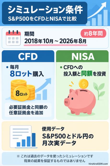 S&P500をCFDとNISAで約8年間比較するシミュレーション条件。CFDは毎月8ロット購入し必要証拠金と同額の任意証拠金を追加、NISAはCFDへの投入額と同額を投資