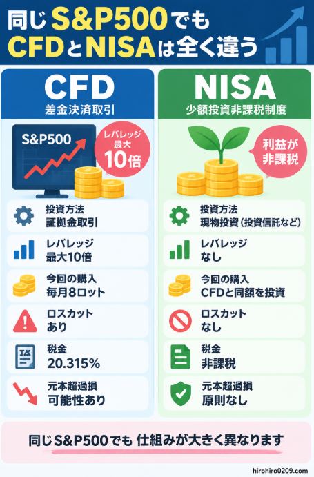 S&P500に投資するCFDとNISAの仕組みを比較。CFDは最大10倍のレバレッジとロスカットがあり利益に20.315％課税、NISAは現物投資でレバレッジとロスカットがなく利益は非課税