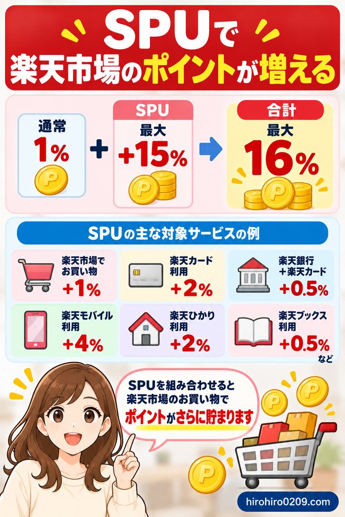 SPUの対象となる楽天サービスを利用すると楽天市場でのポイント倍率が上がる仕組みを解説する図解