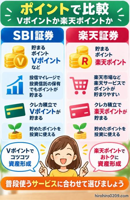 SBI証券と楽天証券のポイントサービスを比較し、SBI証券はVポイントなど、楽天証券は楽天ポイントを貯めて投資に活用でき、クレカ積立や投資信託の保有などでポイントを貯められることをまとめた図解