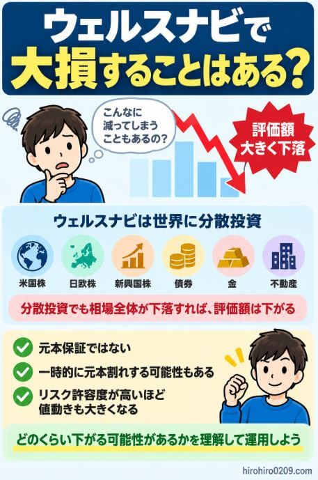 ウェルスナビは世界の株式・債券・金・不動産などに分散投資しているものの、相場全体が下落すれば評価額が大きく下がり、一時的に元本割れする可能性もあることを解説した図解
