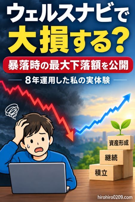 ウェルスナビで大損する可能性について、8年以上運用している筆者が実際に経験した暴落時の最大下落額と、その後の資産回復を紹介するアイキャッチ画像