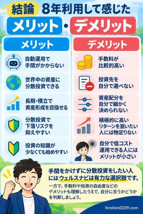 ウェルスナビを8年利用して感じたメリットとデメリットとして、自動運用や世界への分散投資などの利点と、手数料の高さ、投資先や資産配分を自分で細かく決められないなどの注意点をまとめた図解