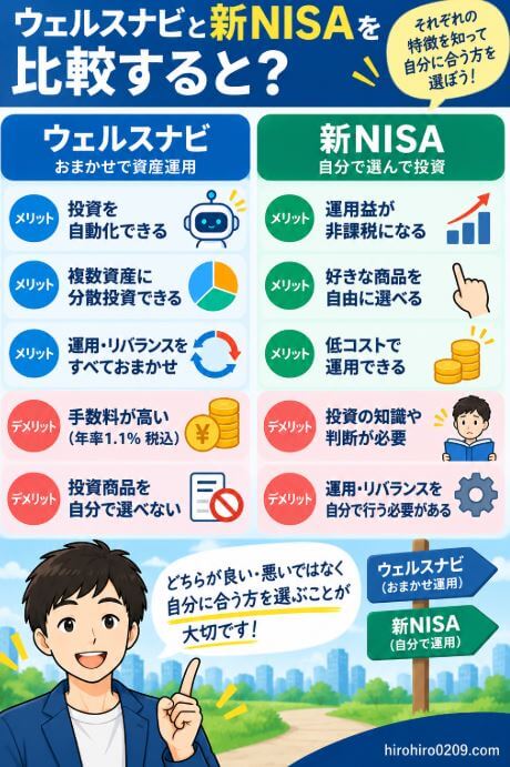 ウェルスナビと新NISAのメリット・デメリットを比較し、ウェルスナビは複数資産への分散や自動運用、新NISAは運用益の非課税や商品選択の自由度など、それぞれの特徴と違いをまとめた図解