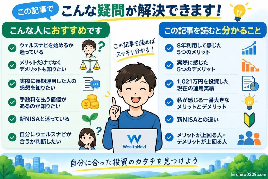 ウェルスナビを始めるか迷っている人向けに、8年利用して感じたメリット・デメリット、1,021万円を投資した運用実績、新NISAとの違い、自分に向いているか判断するポイントをまとめた図解