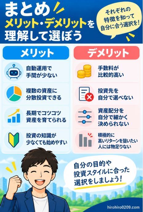 ウェルスナビのメリットとデメリットを比較し、自動運用や複数資産への分散などのメリットと、手数料の高さ、投資先や資産配分を自分で細かく決められないなどのデメリットをまとめた図解