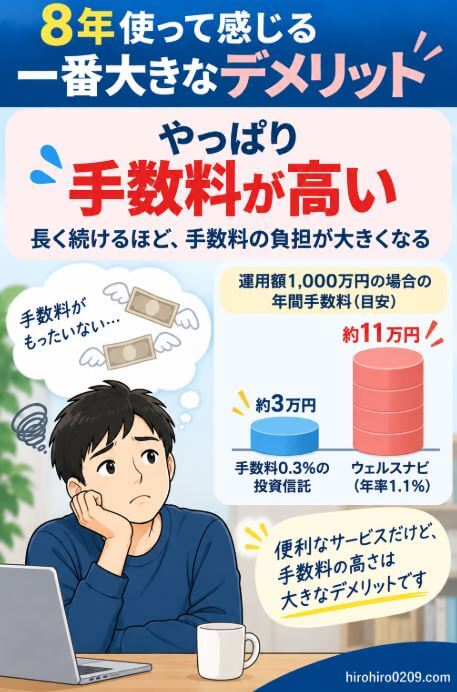 ウェルスナビを8年利用して感じた一番大きなデメリットとして、通常口座では原則年率1.1％税込の手数料がかかり、資産額が増えるほど手数料負担も大きくなる点を表した図解