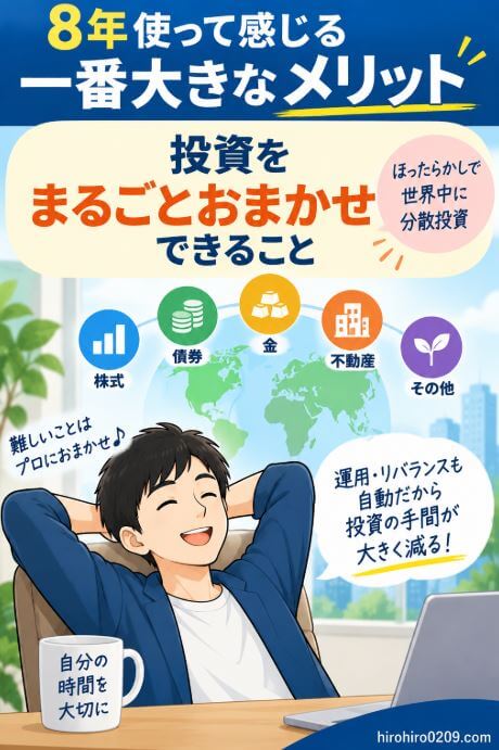 ウェルスナビを8年利用して感じた一番大きなメリットとして、株式・債券・金・不動産など複数資産への分散と資産管理・リバランスを自動化し、投資管理の手間を減らせる点を表した図解