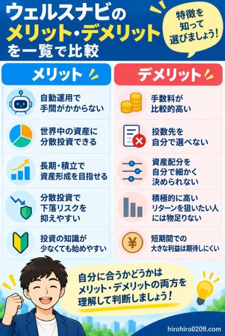 ウェルスナビのメリットとデメリットを一覧比較し、自動運用や世界への分散投資などの利点と、手数料の高さ、投資先や資産配分を自分で細かく決められないなどの注意点をまとめた図解