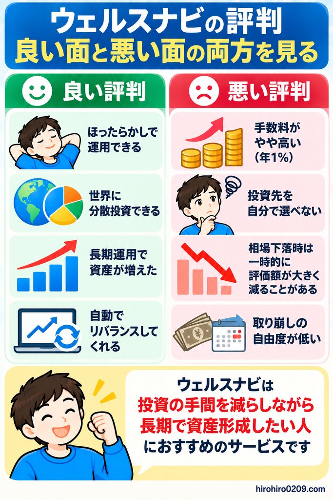 ウェルスナビの良い評判と悪い評判を比較し、ほったらかし運用や分散投資、自動リバランスのメリットと、手数料や運用・取り崩しの自由度などのデメリットをまとめた図解