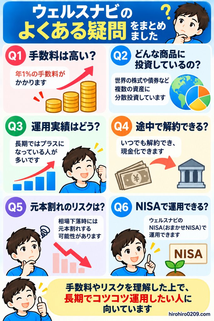 ウェルスナビの評判や口コミでよくある手数料、投資先、運用実績、解約、元本割れのリスク、NISA利用についてまとめた図解