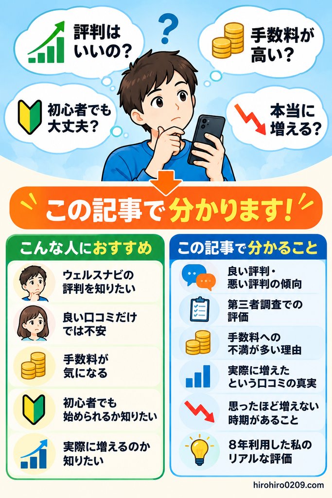 ウェルスナビの評判や手数料が気になる人を対象に、良い・悪い評判、第三者調査、運用実績、8年利用した筆者の評価が分かることをまとめた図解
