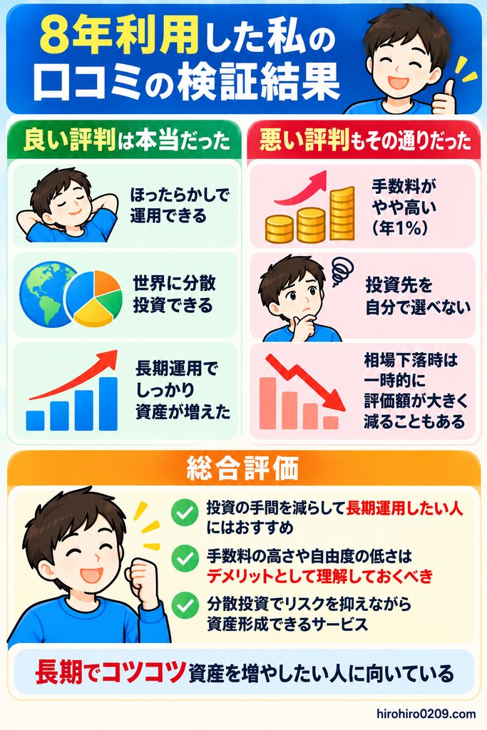 ウェルスナビを8年利用した筆者が、ほったらかし運用や分散投資のメリットと、手数料の高さや運用の自由度、相場下落時のデメリットを口コミと比較して検証した図解