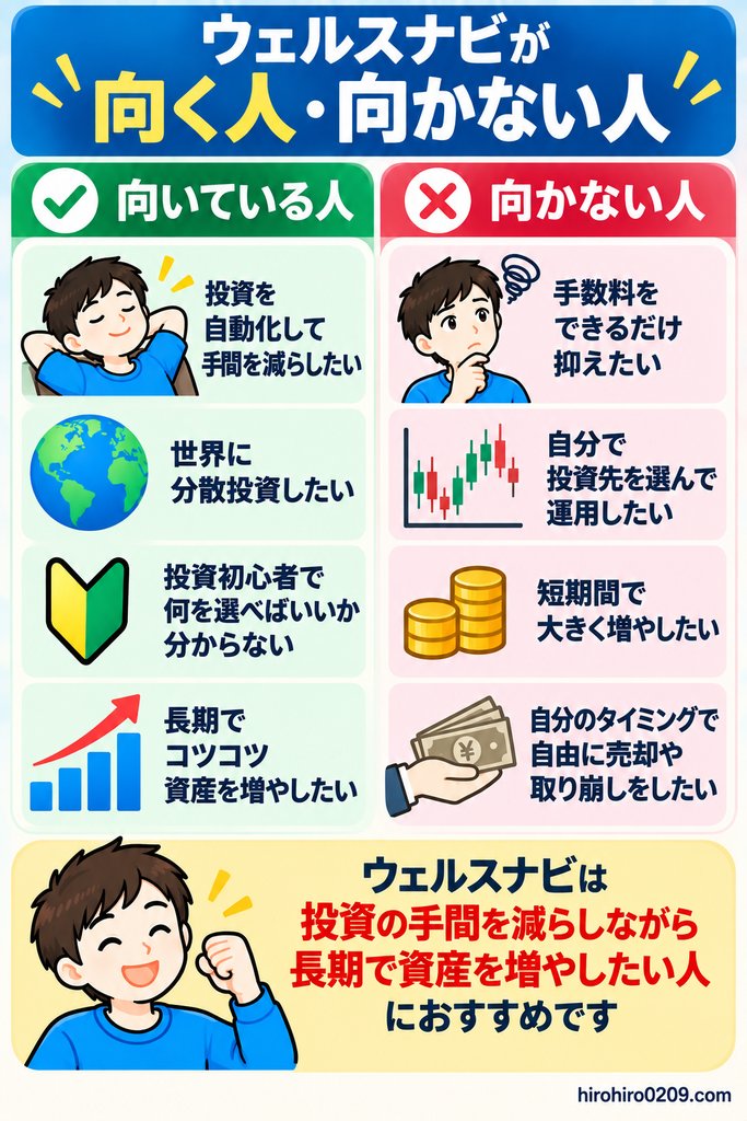 ウェルスナビが向いている人と向かない人を、投資の自動化、分散投資、手数料、運用の自由度、長期投資などの特徴から比較した図解
