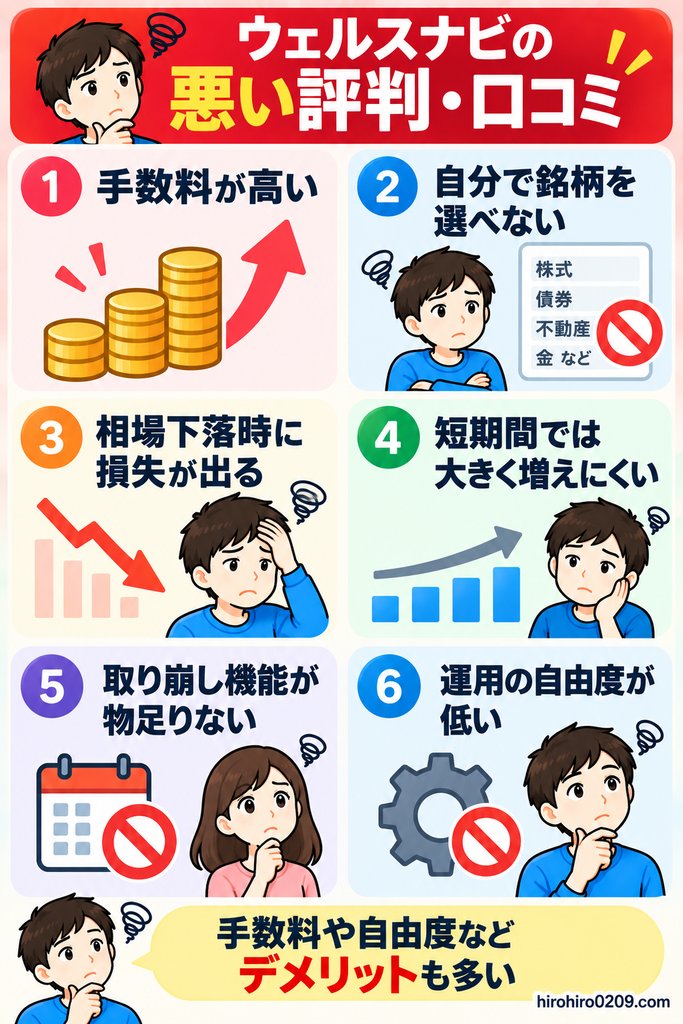 ウェルスナビの悪い評判として、手数料の高さ、投資先を選べないこと、相場下落時の損失、短期間で増えにくいこと、取り崩し機能や運用の自由度の低さをまとめた図解