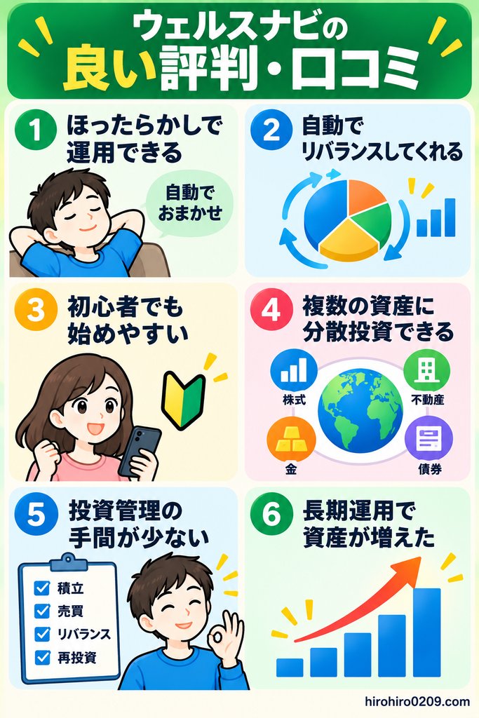ウェルスナビの良い評判として、ほったらかし運用、自動リバランス、初心者の始めやすさ、分散投資、管理の手間の少なさ、長期運用で資産が増えた点をまとめた図解