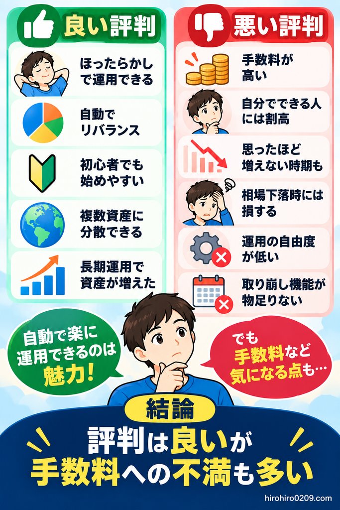 ウェルスナビの良い評判と悪い評判を比較し、ほったらかし運用や分散投資のメリットと、手数料や取り崩し機能などの不満をまとめた図解