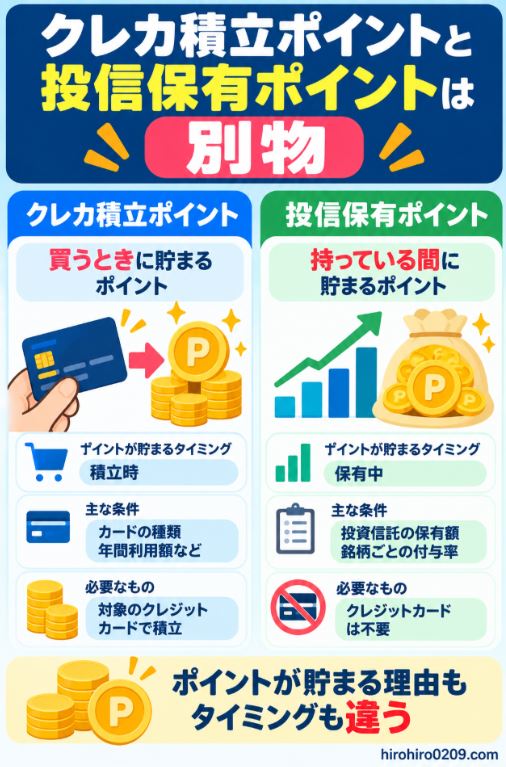 クレカ積立ポイントは積立時、投信保有ポイントは投資信託の保有中に貯まる違いを比較した図解
