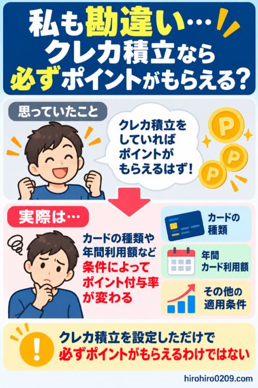 クレカ積立を設定してもカードの種類や年間利用額などの条件によってポイント付与率が変わることを示す図解