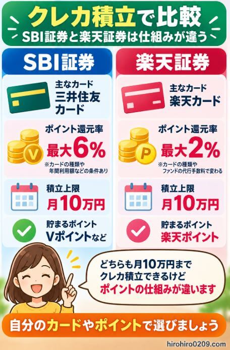 SBI証券と楽天証券のクレカ積立を比較し、SBI証券は三井住友カードなどで最大6%、楽天証券は楽天カードで最大2%のポイント還元があり、どちらも月10万円まで積立できることをまとめた図解
