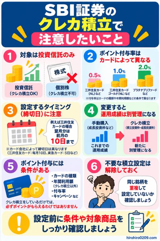 SBI証券のクレカ積立で対象商品や設定期限、ポイント付与条件など注意したい点をまとめた図解