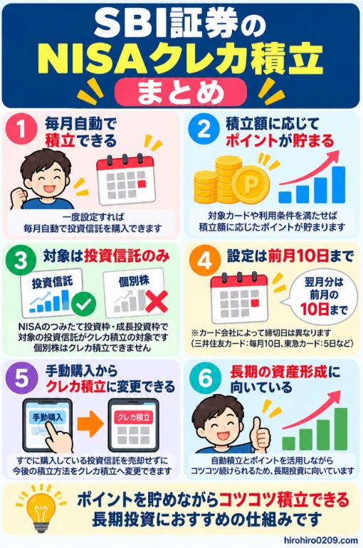 SBI証券のNISAクレカ積立の特徴や対象商品、ポイント、設定期限など実際に利用して分かったことをまとめた図解