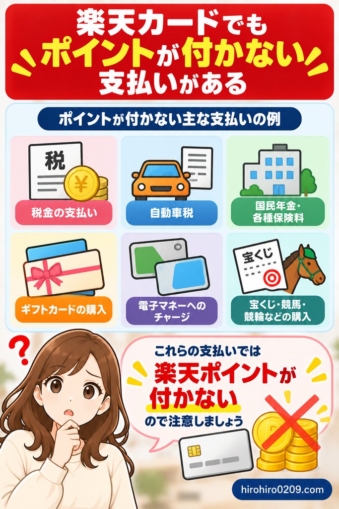 楽天カードでもカード年会費や各種手数料、キャッシング、一部決済サービスへのチャージなどポイントが付かない支払いがあることを解説する図解