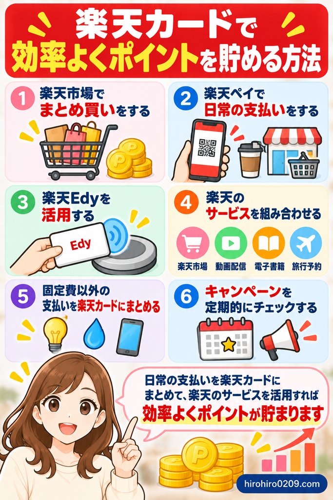 楽天カードで効率よくポイントを貯めるために楽天市場や楽天ペイ、楽天Edy、楽天サービスなどを活用する方法をまとめた図解