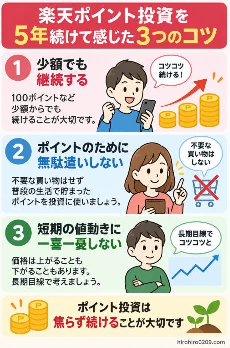 楽天ポイント投資を5年続けて感じた3つのコツとして、少額でも継続する、ポイント目的で無駄遣いしない、短期の値動きに一喜一憂しないことをまとめた図解