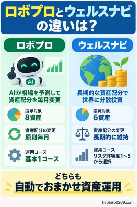 ロボプロとウェルスナビの違いを比較した図解、ロボプロはAI予測で8資産の配分を原則毎月変更、ウェルスナビは6資産への長期分散投資を基本とする
