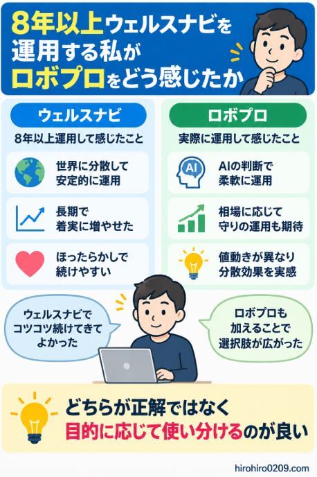 ウェルスナビを8年以上運用する筆者がロボプロと比較し、長期分散型とAI予測型の運用の違いや今後の選択肢について考えた図解