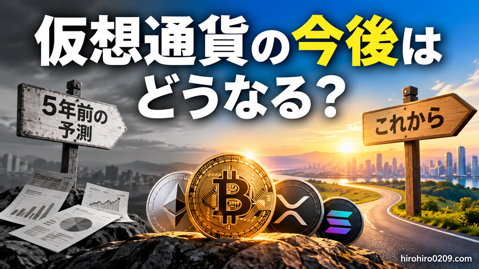仮想通貨の今後について5年前の予測と現在を比較し、ビットコイン・イーサリアム・XRP・ソラナの未来を考える図解
