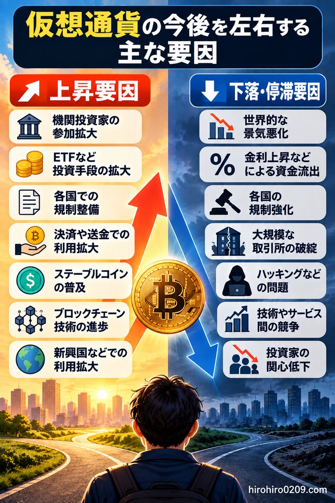 仮想通貨の今後を左右する上昇要因と下落・停滞要因を比較した図解