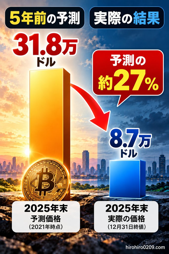 5年前に予測されたビットコイン31.8万ドルと2025年末の実績8.7万ドルを棒グラフで比較した図解